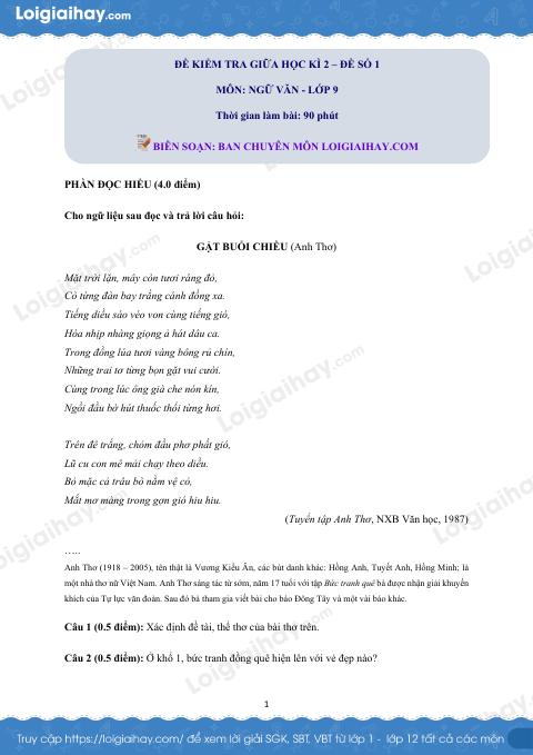 Đề thi giữa kì 2 Văn 9 - Đề số 1